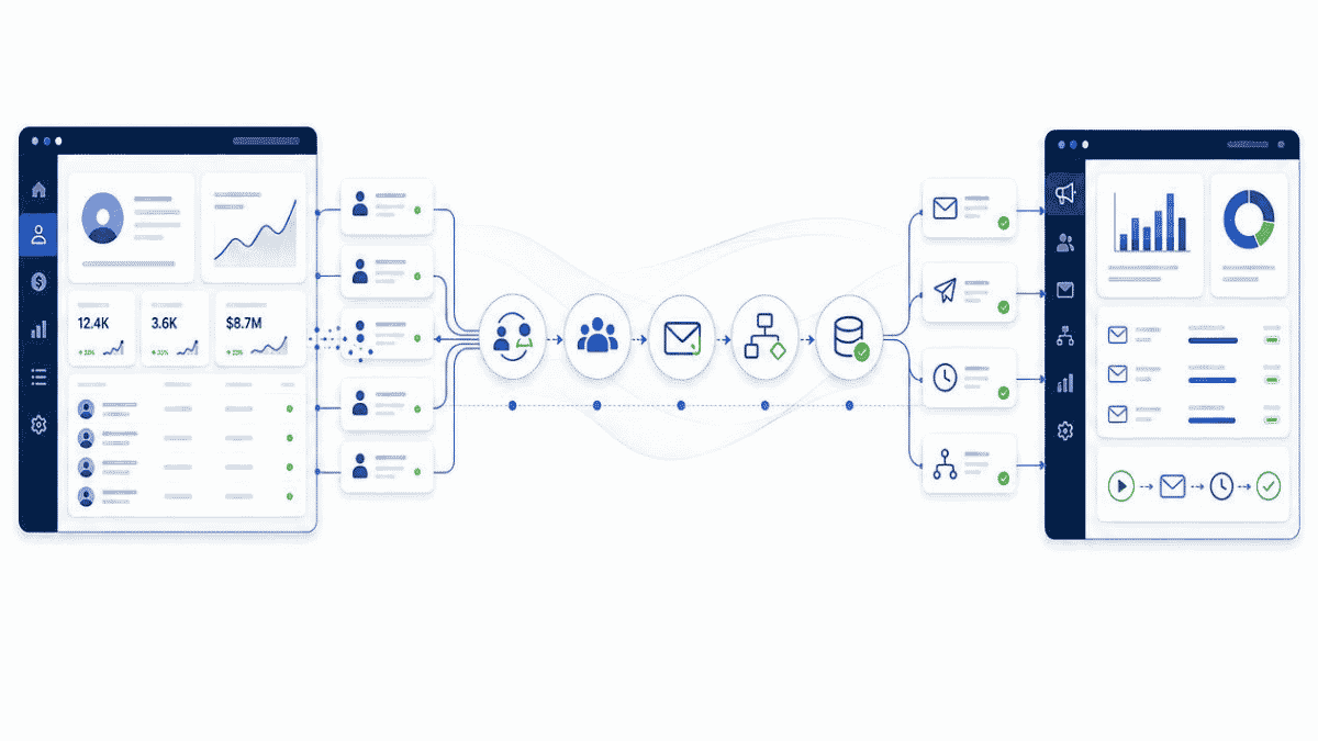 CRM and marketing automation integration connecting customer data, segmentation, campaigns and workflows