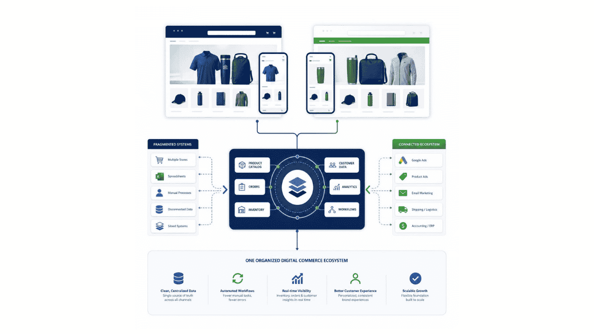 Multi-brand e-commerce modernization connecting storefronts, product data, advertising and analytics