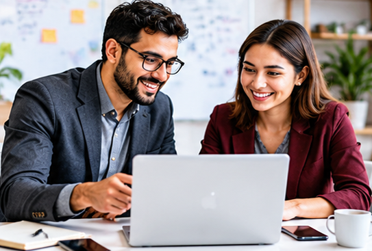 Agency colleagues collaborating on a client project at a laptop