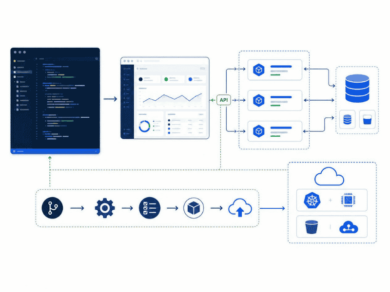 Custom software application connecting business tools, dashboards, and workflows