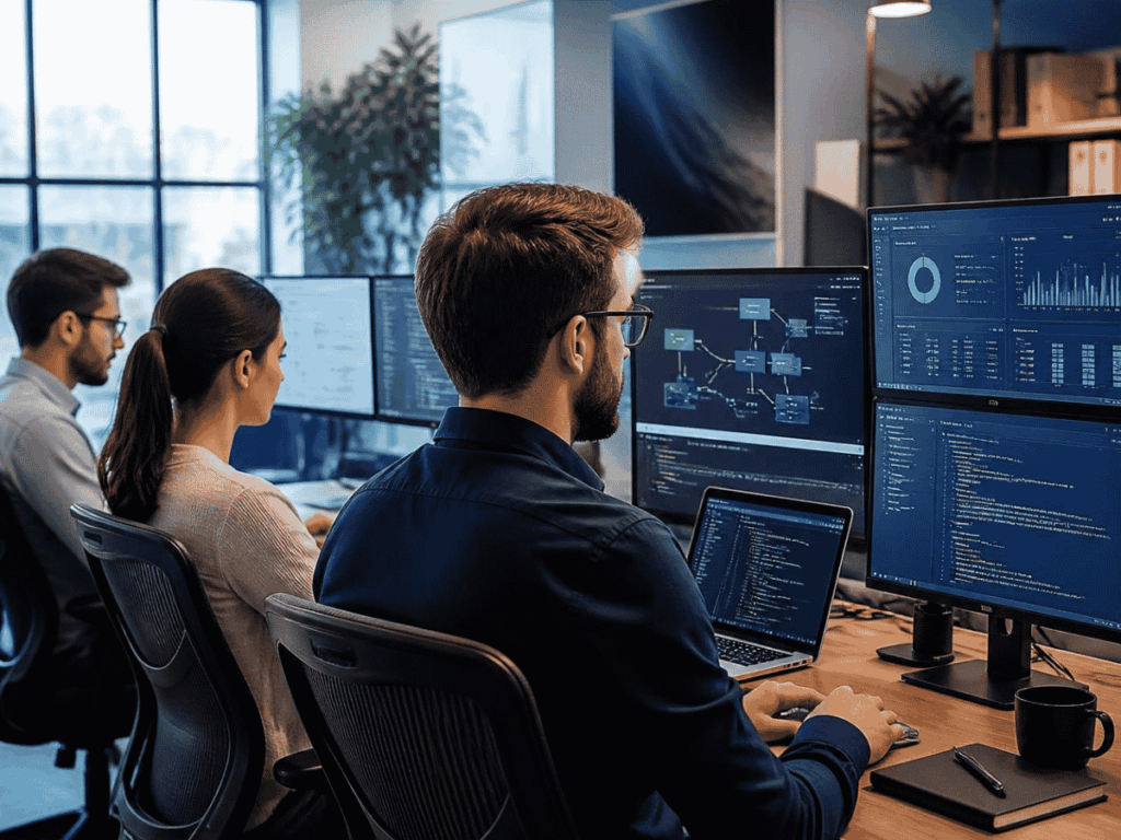 Technology team collaborating at computer workstations
