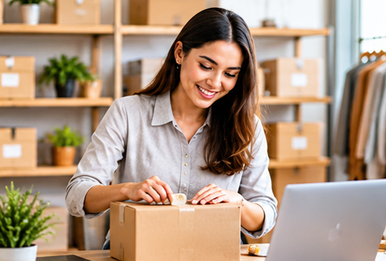 Retail business owner managing online orders beside packaged products