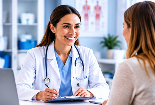 Healthcare professional speaking with a patient in a clinic