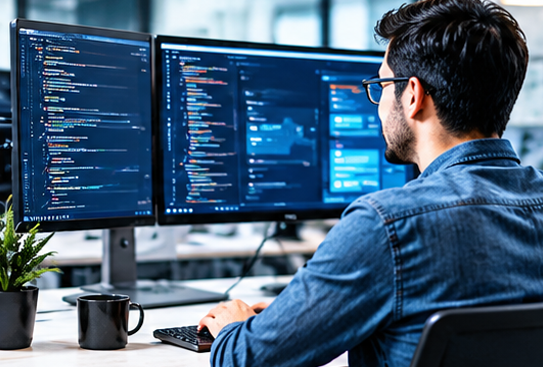 Software developer working with code on multiple monitors